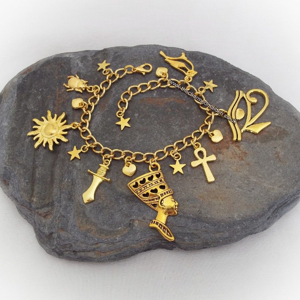 Egyptian Queen Nefititi Gold Plated Charm Bracelet