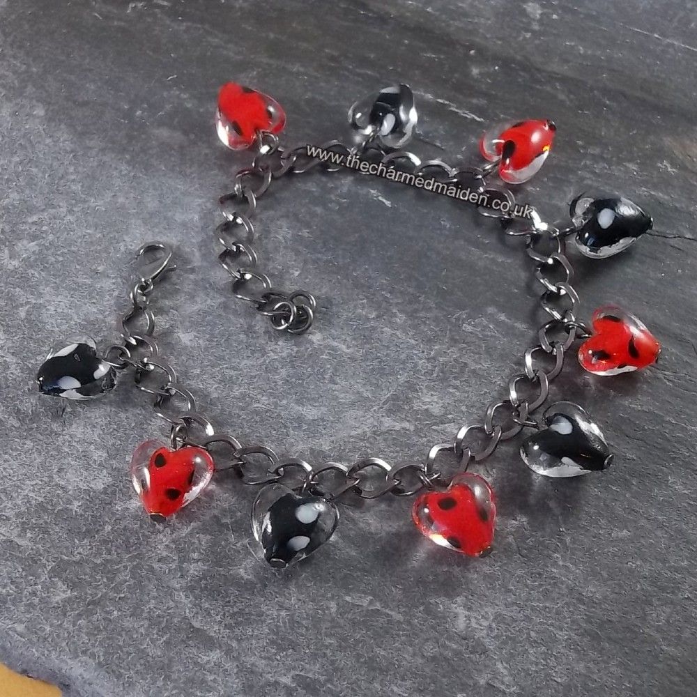 Red & Black Polka Dot Glass Heart Bracelet