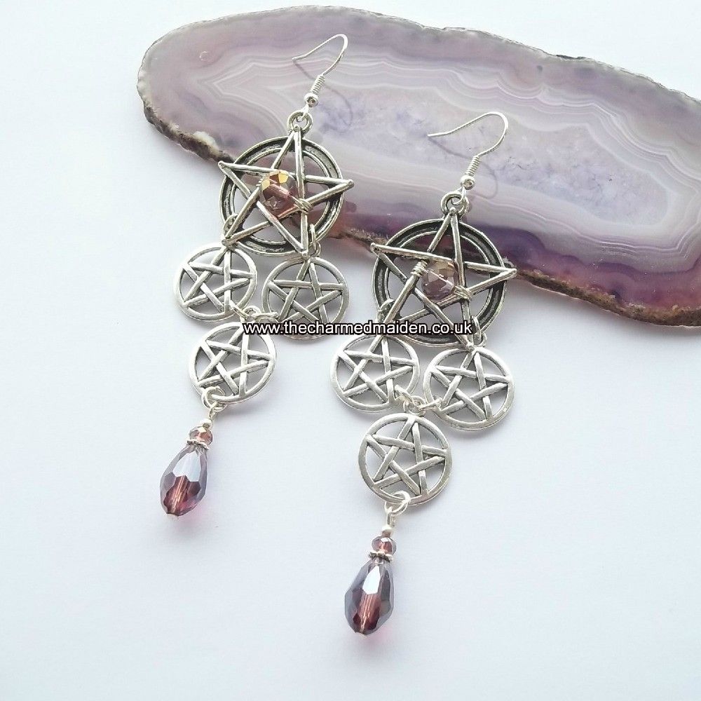 Purple Pagan Wiccan Pentagram Earrings