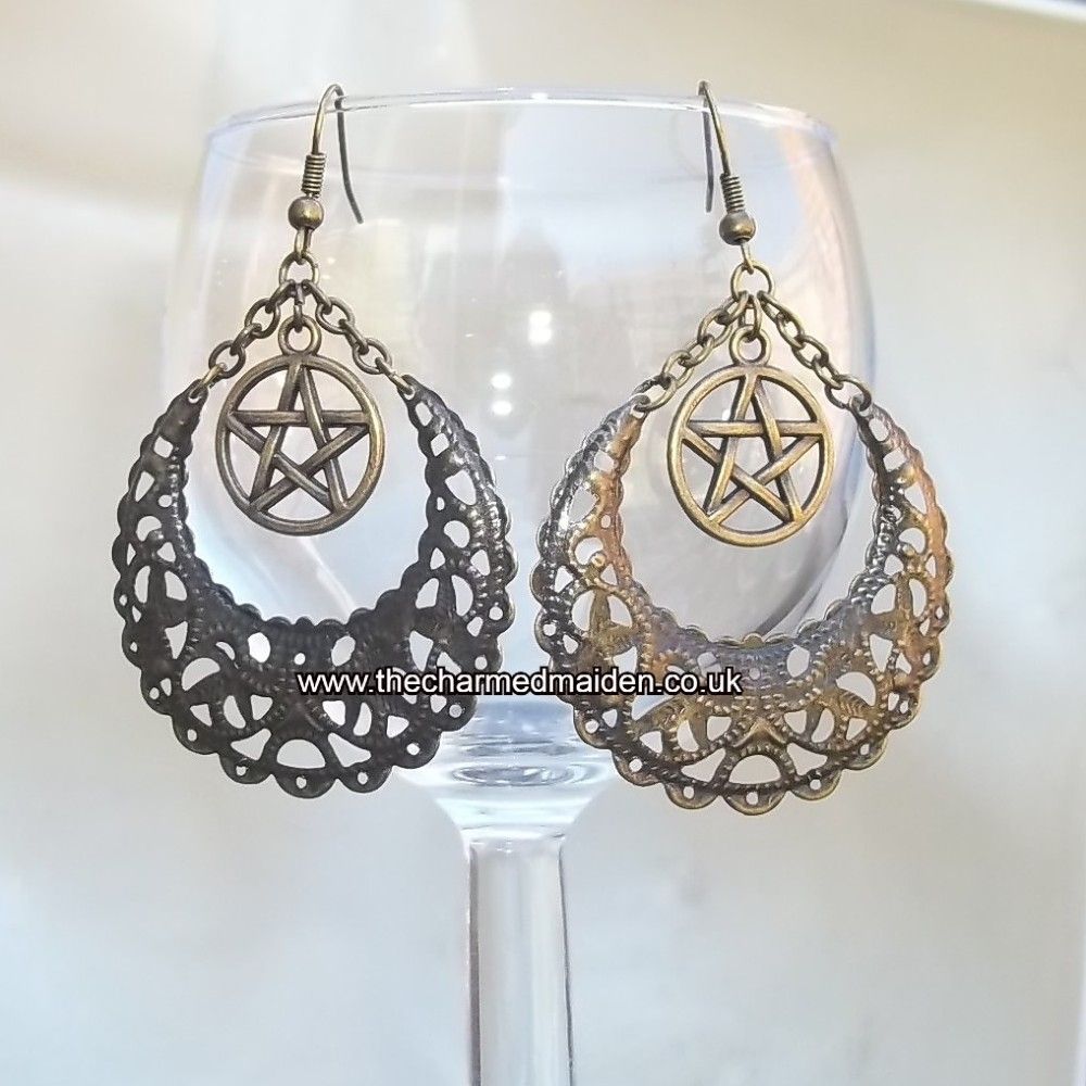 Bronze Filigree Moon & Pentagram Earrings