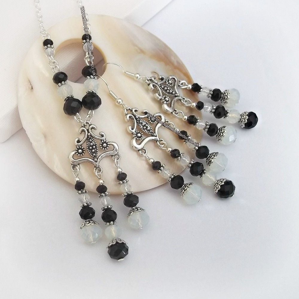 Monochrome Black & White Art Deco Inspired Glass Necklace & Earrings