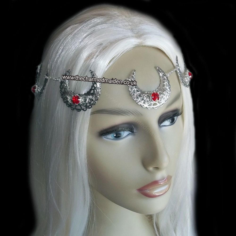 Silver & Red Wicca Pagan Crescent Moon Circlet