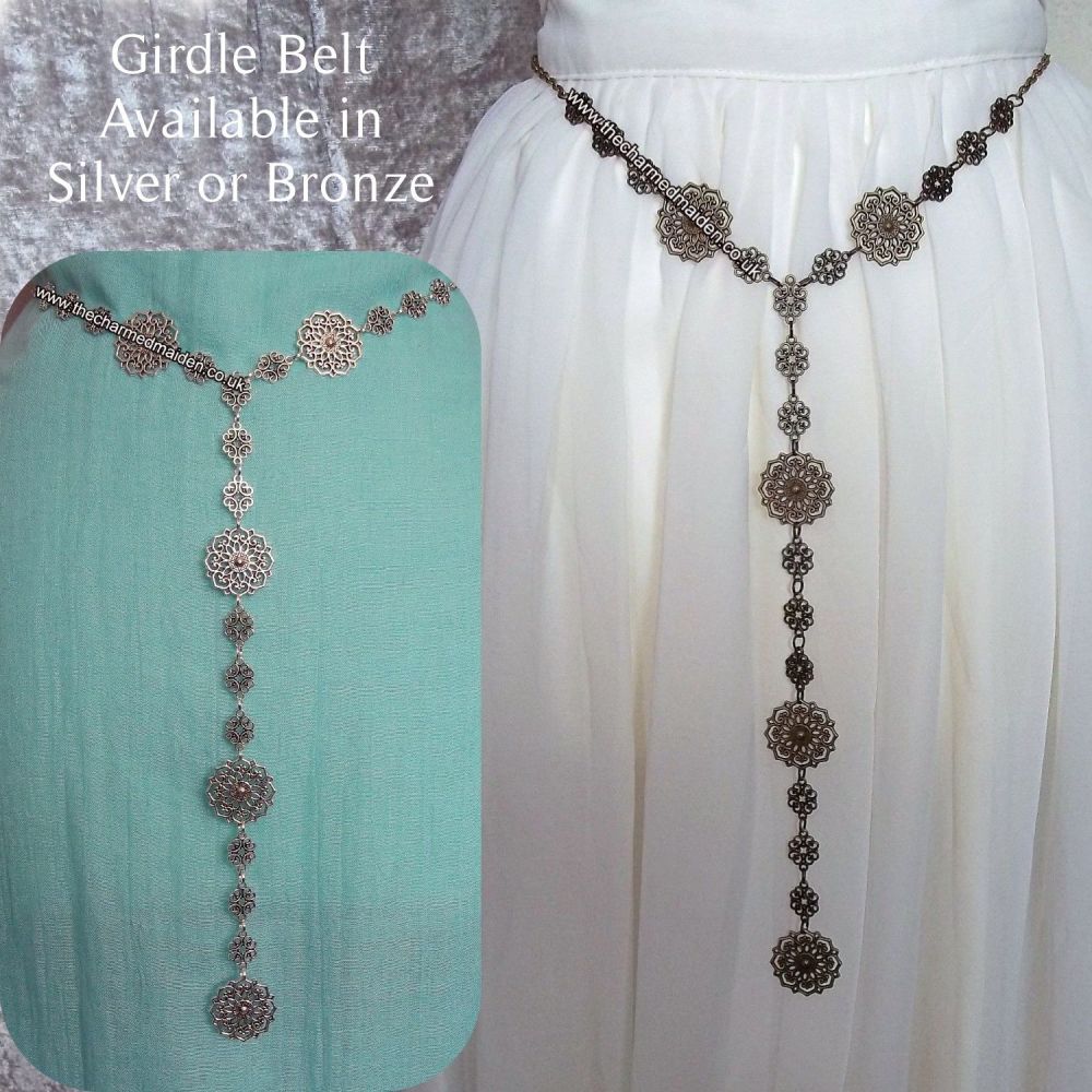 Silver Flowers & Leaves Fantasy Elven Bridal Girdle Chain Belt, 18  Adjustable Sizes