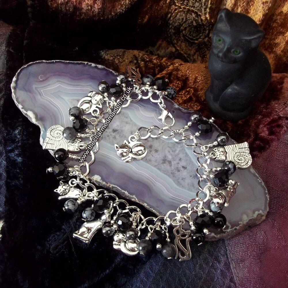 Black Cat Charm Bracelet with Larvikite, Hematite, Onyx & Obsidian Beads