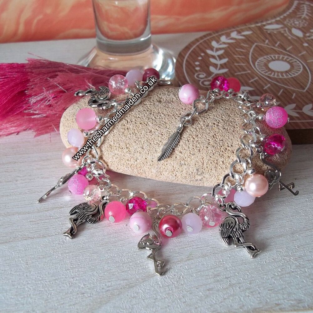 Flamingo Bird Charm Bracelet with Pink Agate Beads