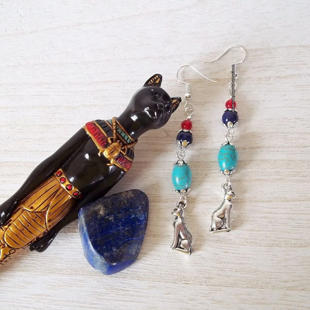 Bastet Egyptian Cat Gemstone Earrings