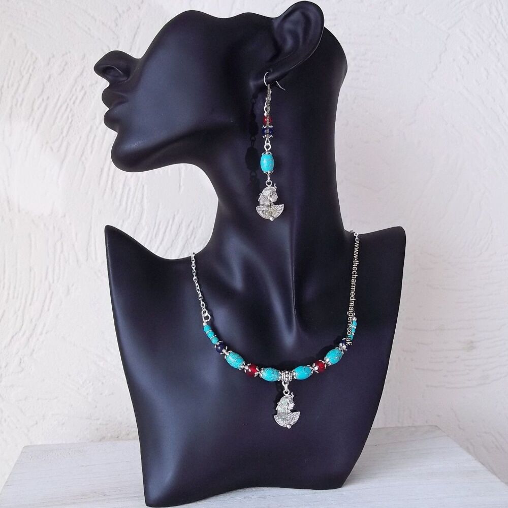 Egytian Beaded Turquoise Collar Necklace & Earrings Jewellery Set