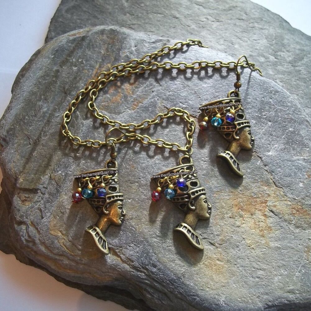 Queen Nefertiti Egyptian Bronze Necklace & Earrings Jewellery Set