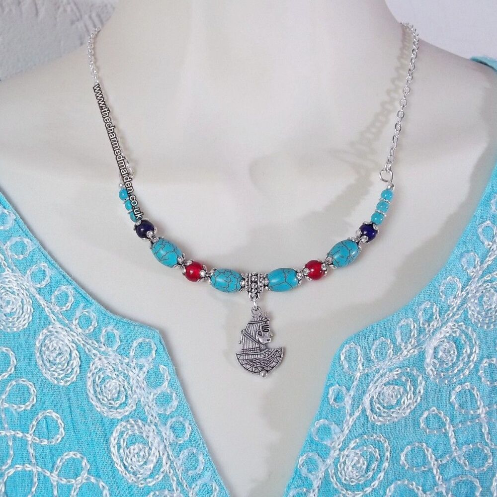 Cleopatra Turquoise & Lapis Beaded Egyptian Collar Necklace