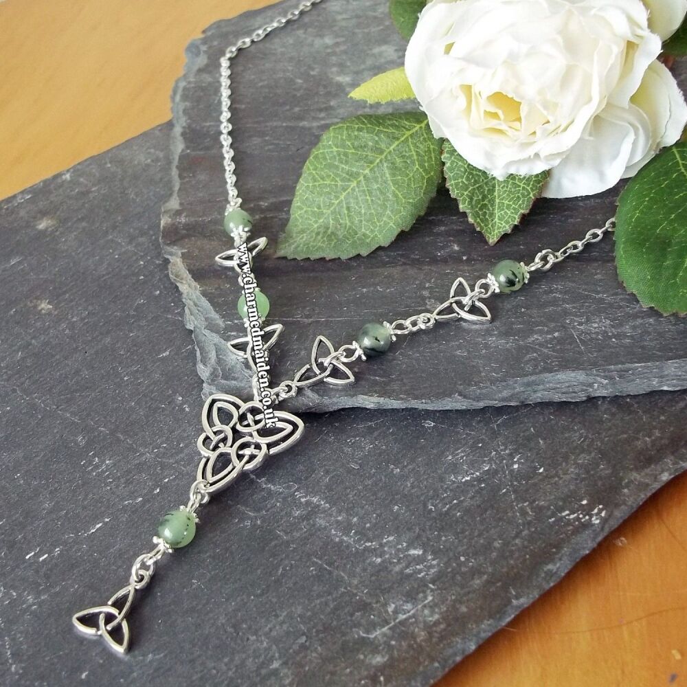 Prehnite Silver Celtic Triquetra Necklace, Other Gemstones Available