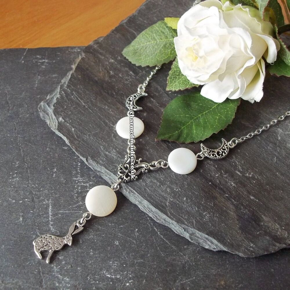Moon & Hare Necklace with Mother of Pearl