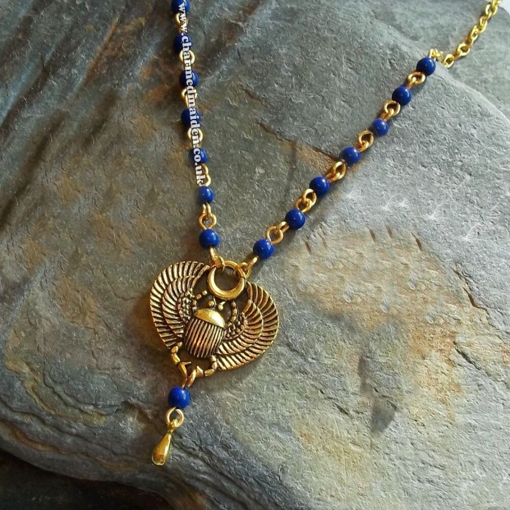 Scarab Beetle Egyptian Beaded Necklace in Gold or Silver
