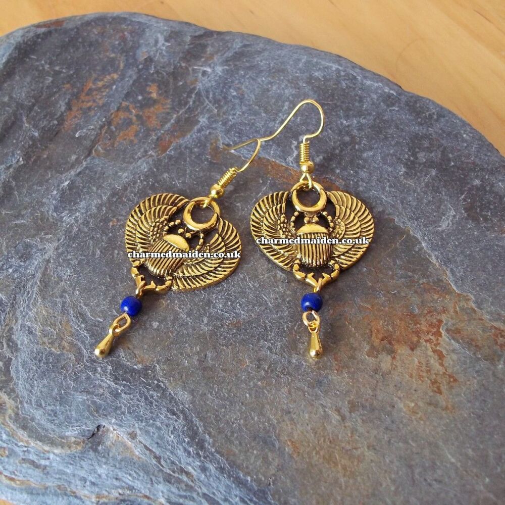 Scarab Beetle Egyptian Earrings in Gold or Silver