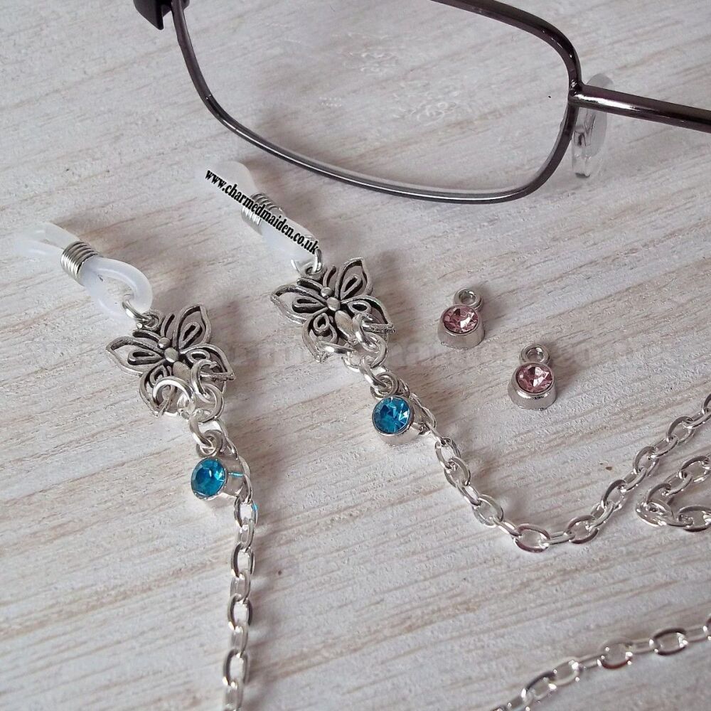 Silver Butterfy Glasses Chain with Pink or Aqua Blue Crystals