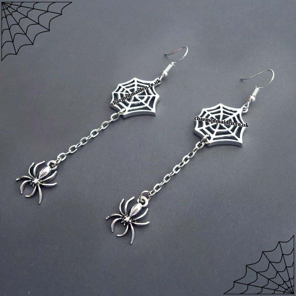 Long Drop Silver Spider Web Earrings