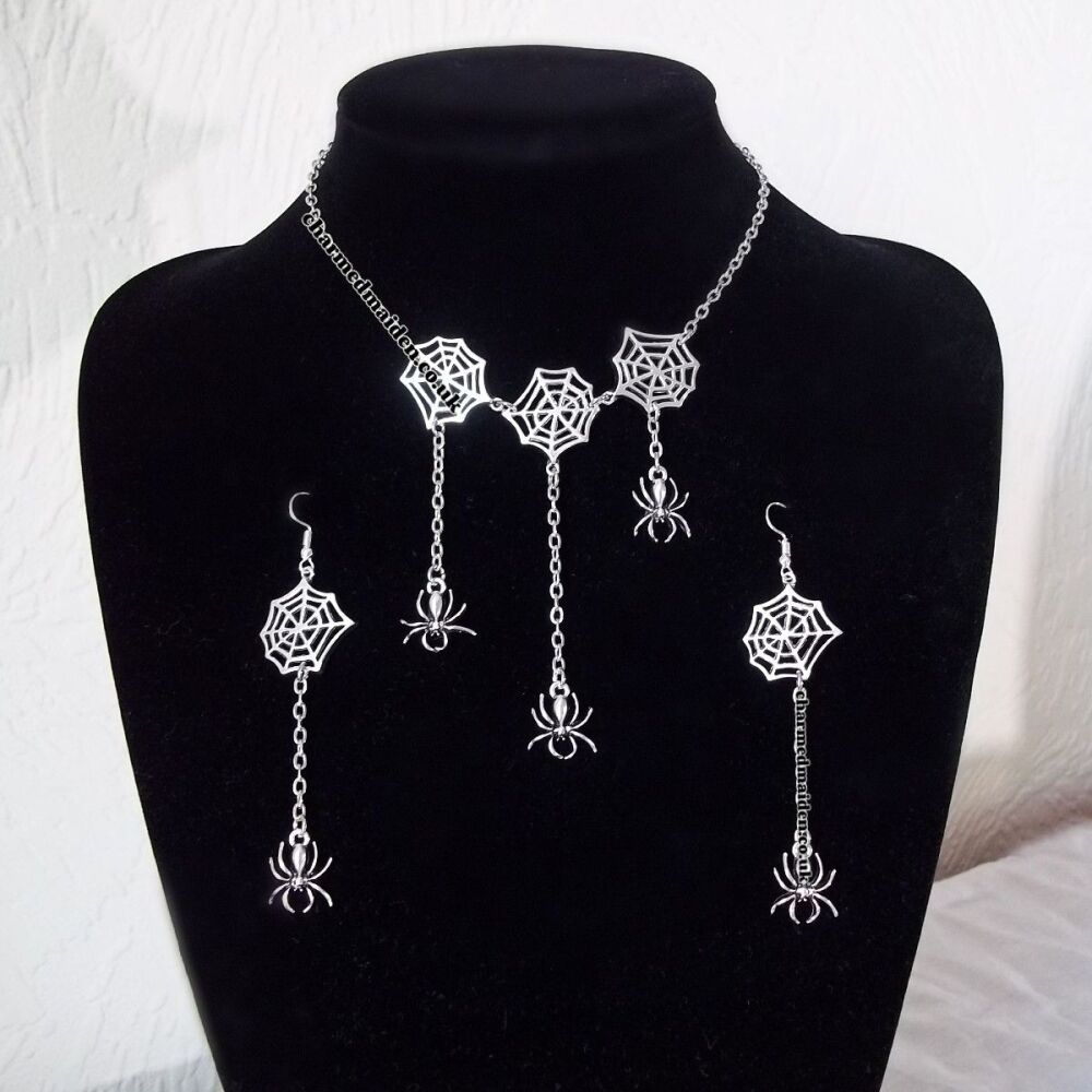 Silver Spider's Web Choker Necklace & Earrings Set, Various Sizes Available