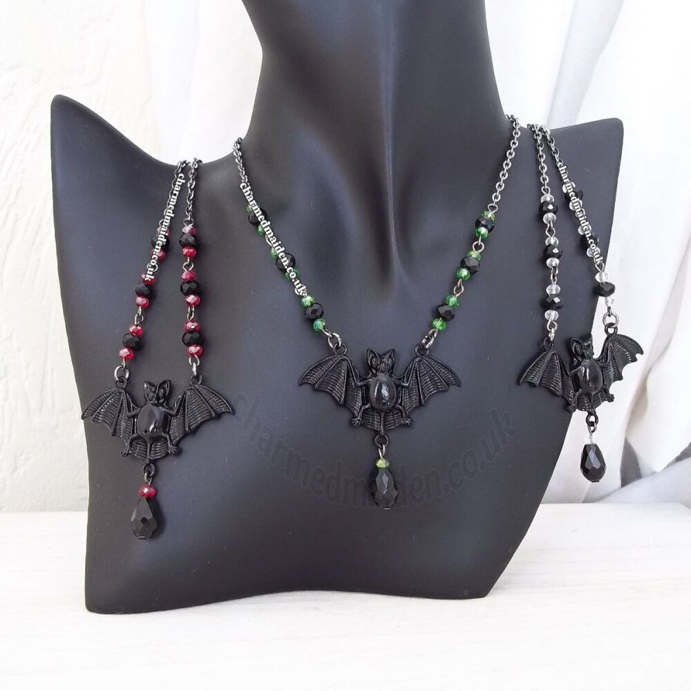 Beaded Bat Halloween Necklace in Black, Silver or Bronze, Various Bead Colours Available