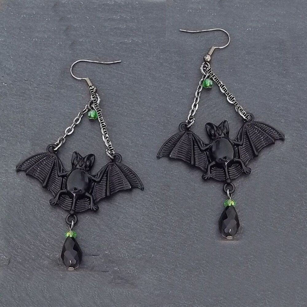 Gothic Bat Halloween Earrings in Black, Silver or Bronze, Various Bead Colours Available