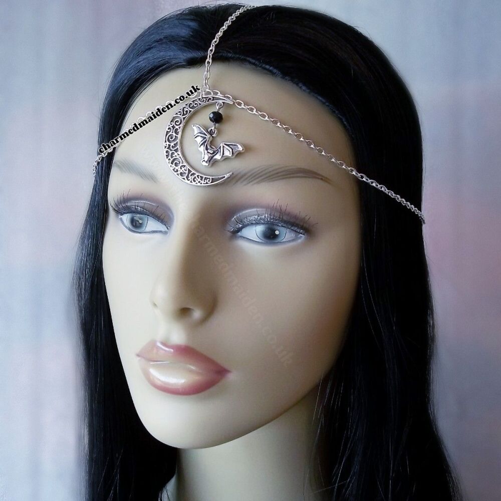 Crescent Moon & Bat Silver Head Chain