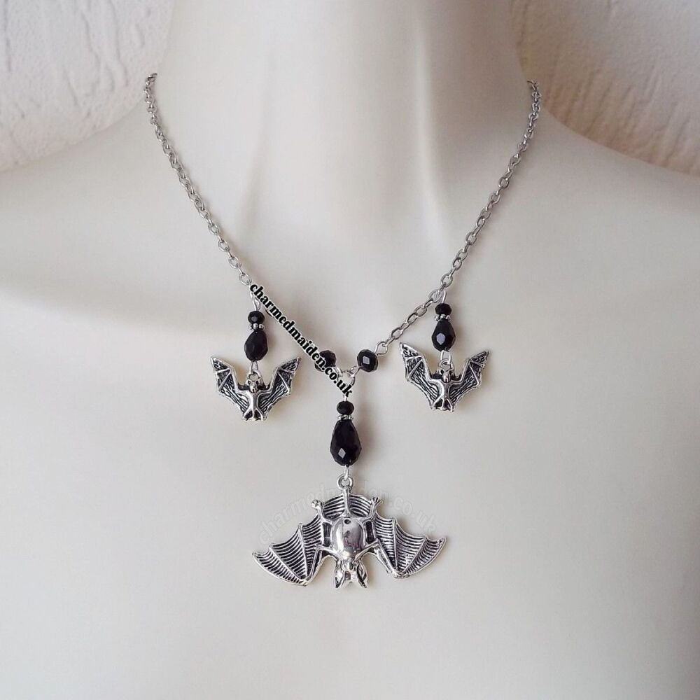 Gothic Silver & Black Bat Necklace, Various Adjustable Sizes
