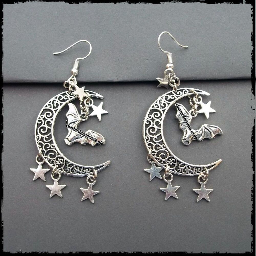 Silver Flying Bat & Moon Witchy Boho Earrings