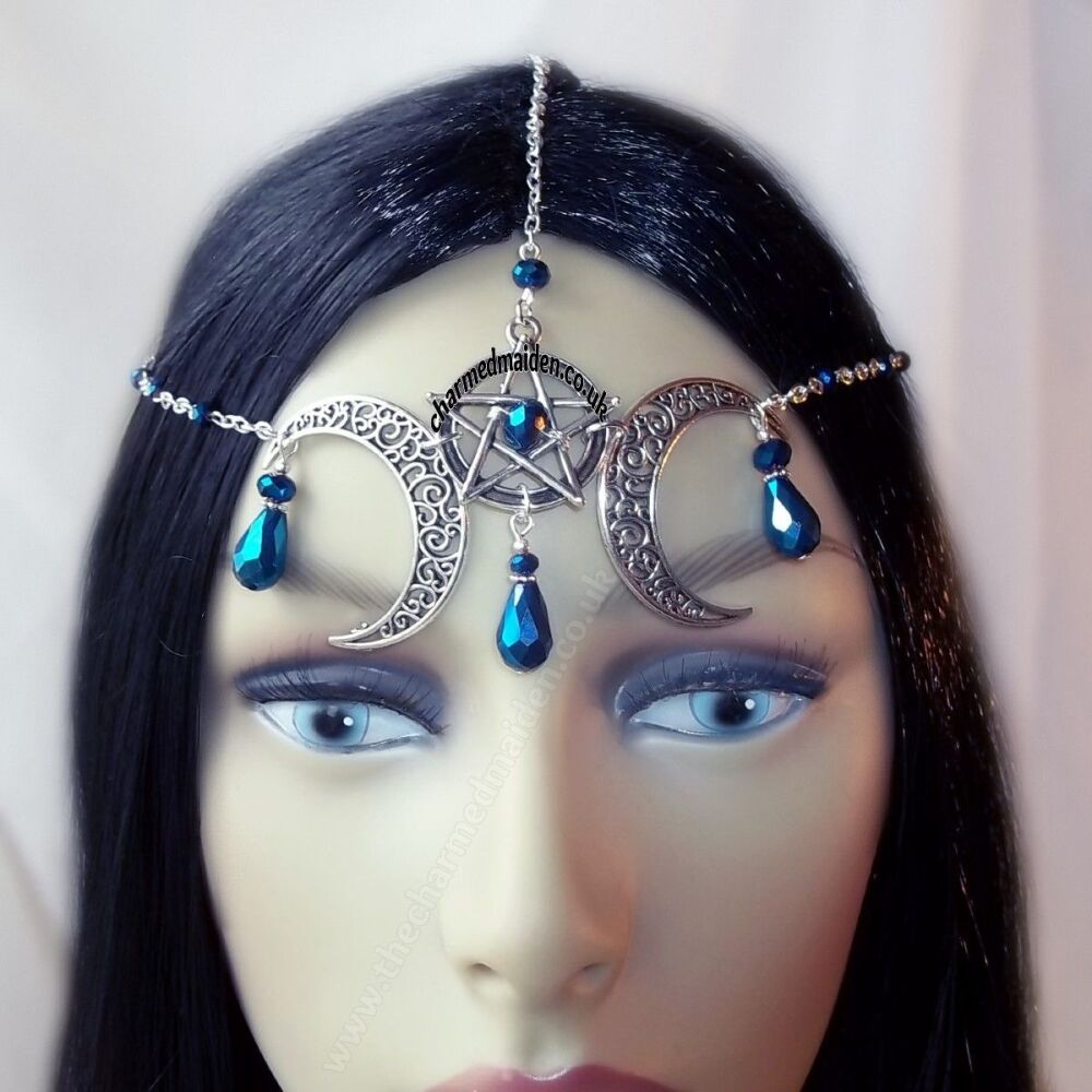 Blue & Silver Moon Pentagram Pagan Headdress