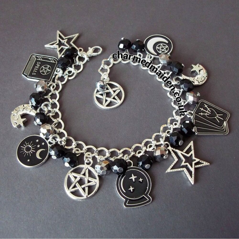 Witchy Charm Bracelet, Black & Silver Spell Book, Tarot Moon & Star Charms