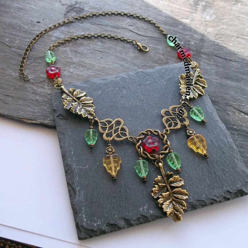 Autumn Celtic Oak Leaf & Red Flower Necklace