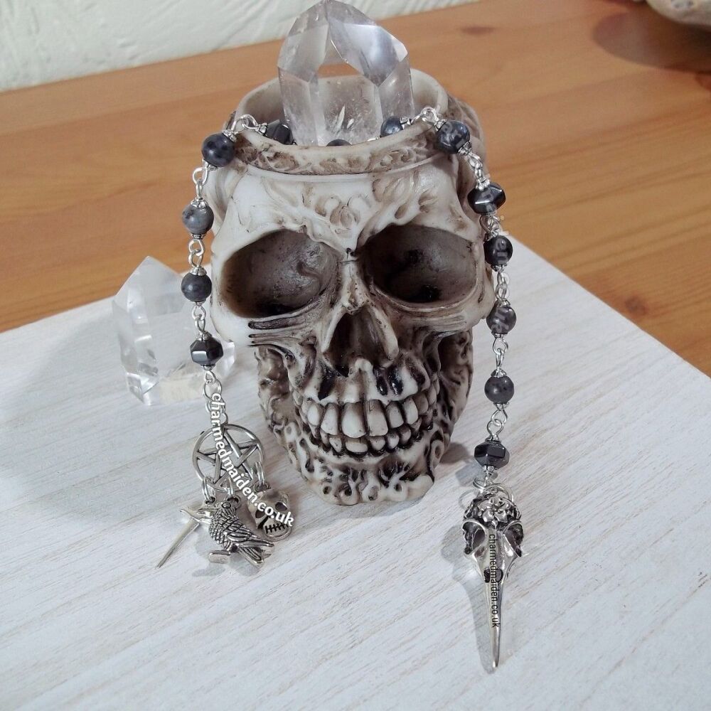 Morrigan Crow Skull Wiccan Pagan Prayer Beads with Larvikite & Hematite