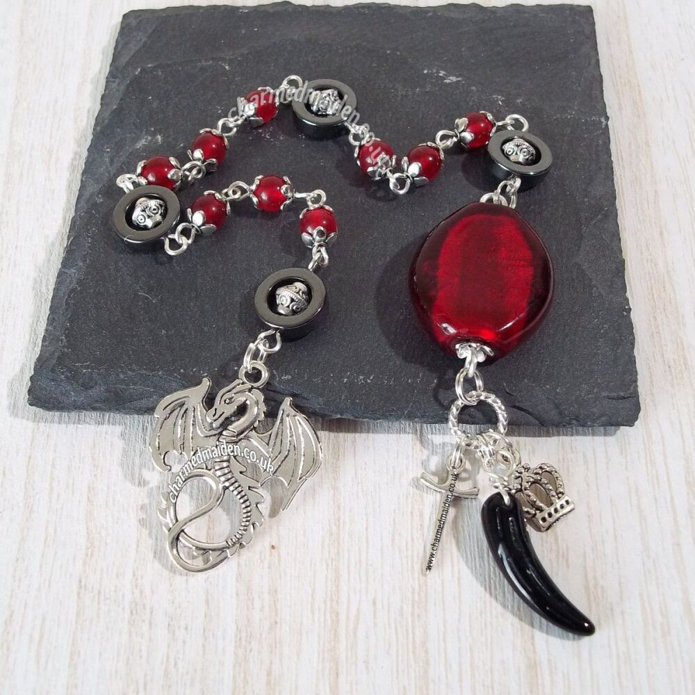 Dragon Viking Norse Medieval Meditation Prayer Rosary Beads in Hematite & Red Jade