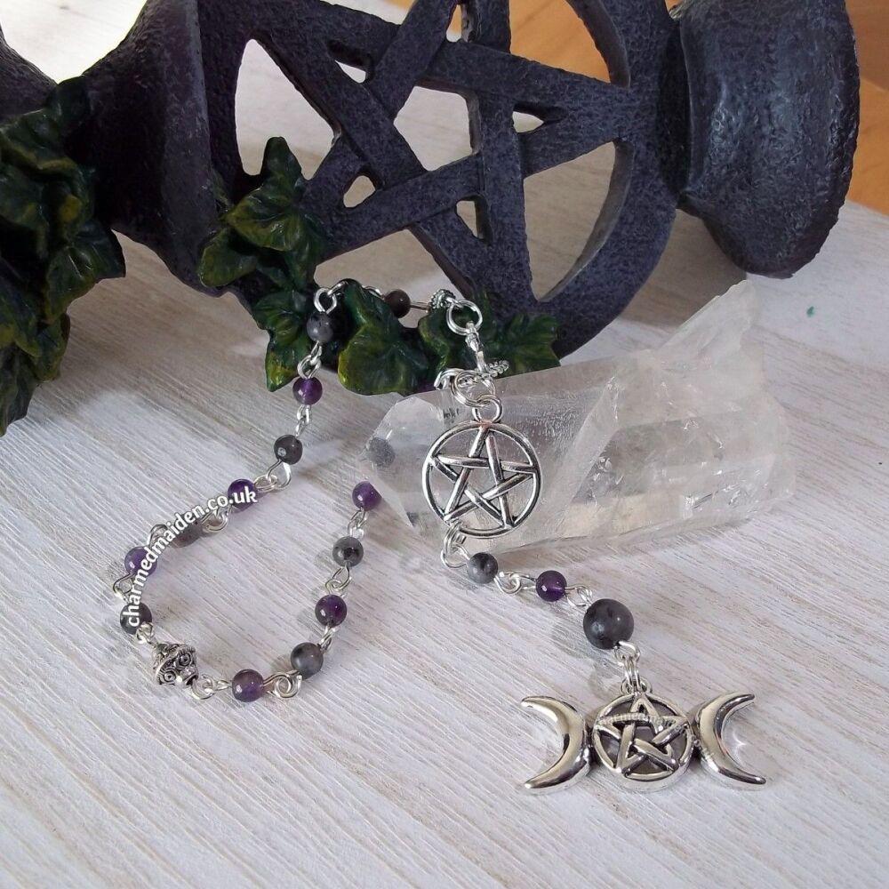 Amethyst Pagan Wiccan Triple Moon Pentacle Car Charm or Altar Prayer Beads
