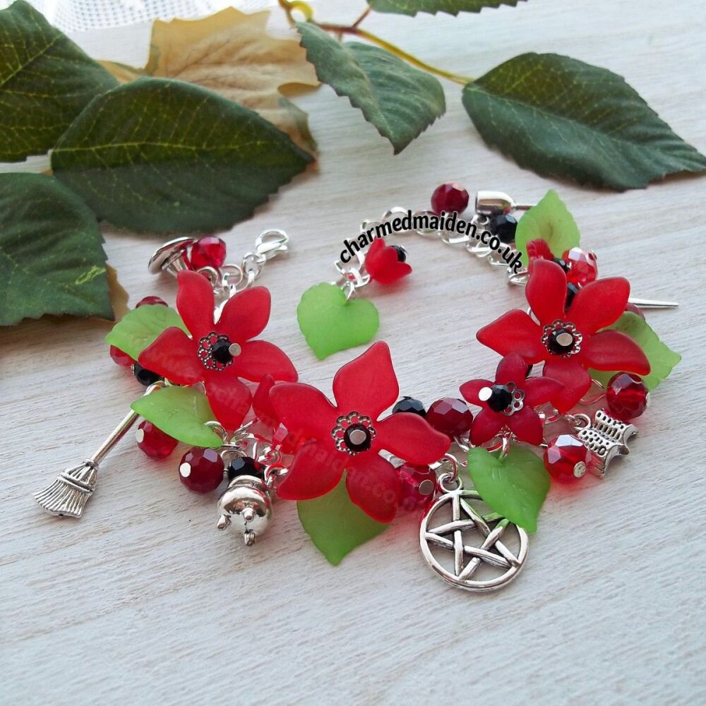 Wiccan Witch Red Flower Charm Bracelet