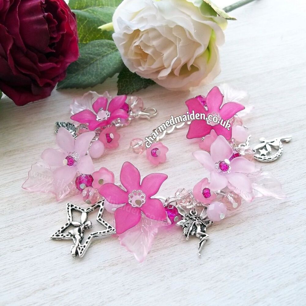 Pink Flowers & Fairy Charm Bracelet