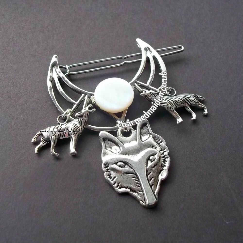 Wolf & Moon Mother of Pearl Hair Clip