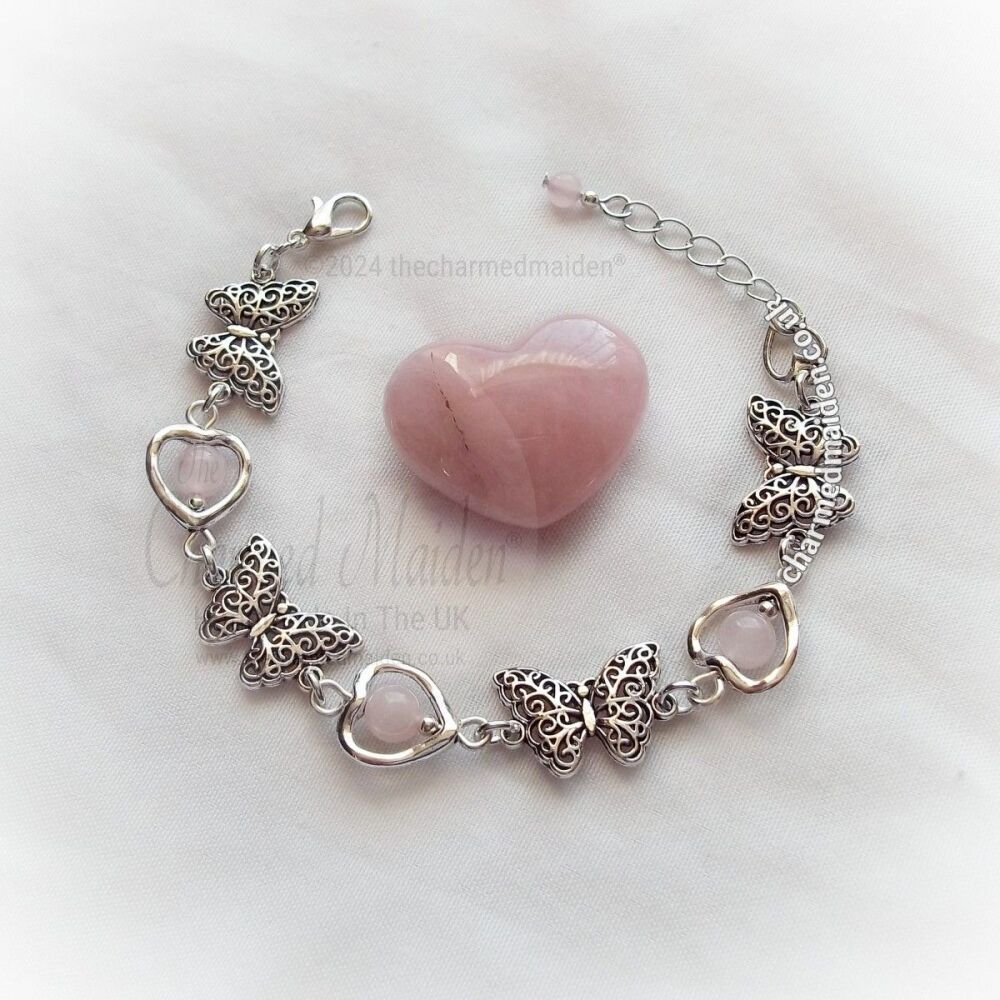 Rose Quartz Love Heart & Butterfly Bracelet