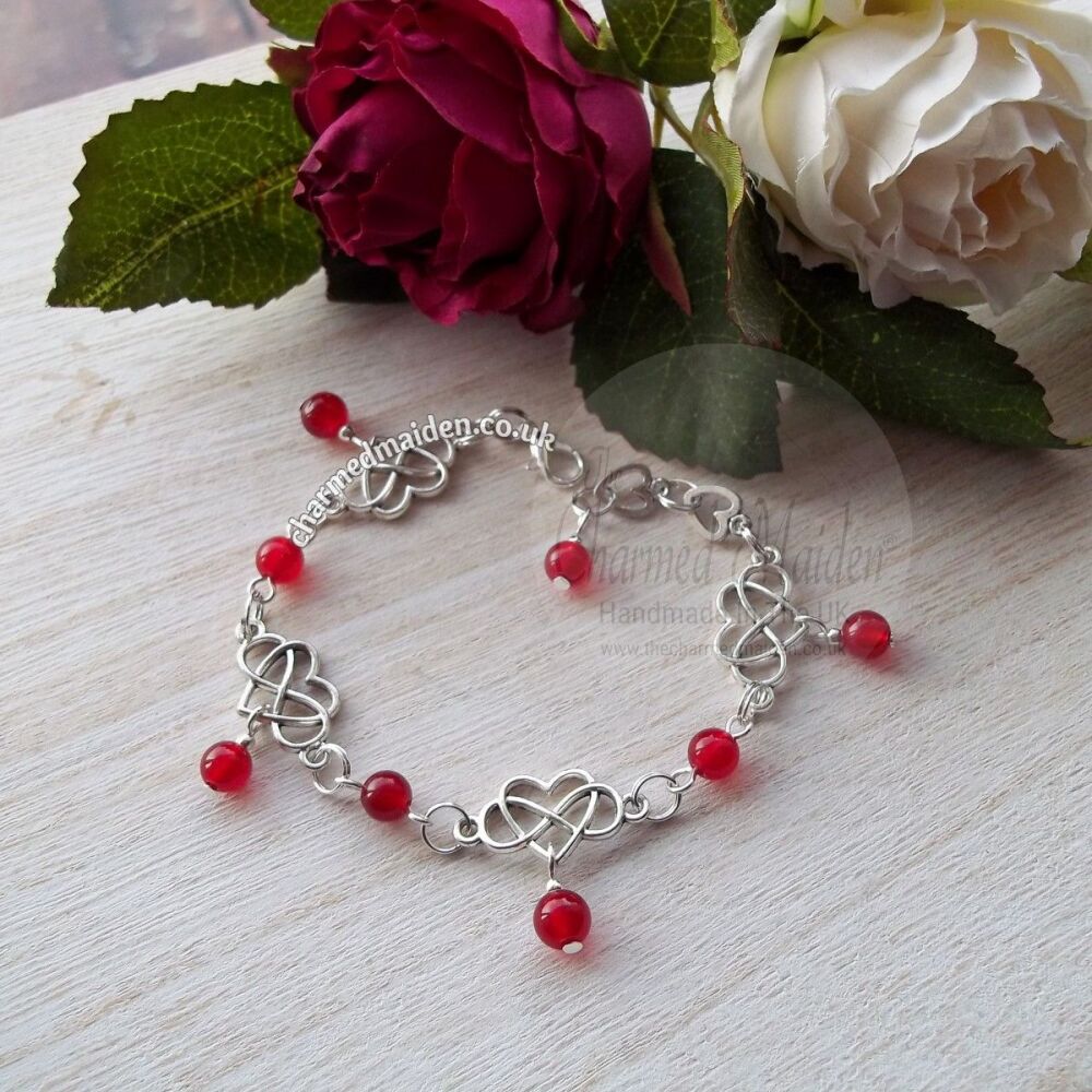 Celtic Eternal Heart Knot & Red Agate Bracelet