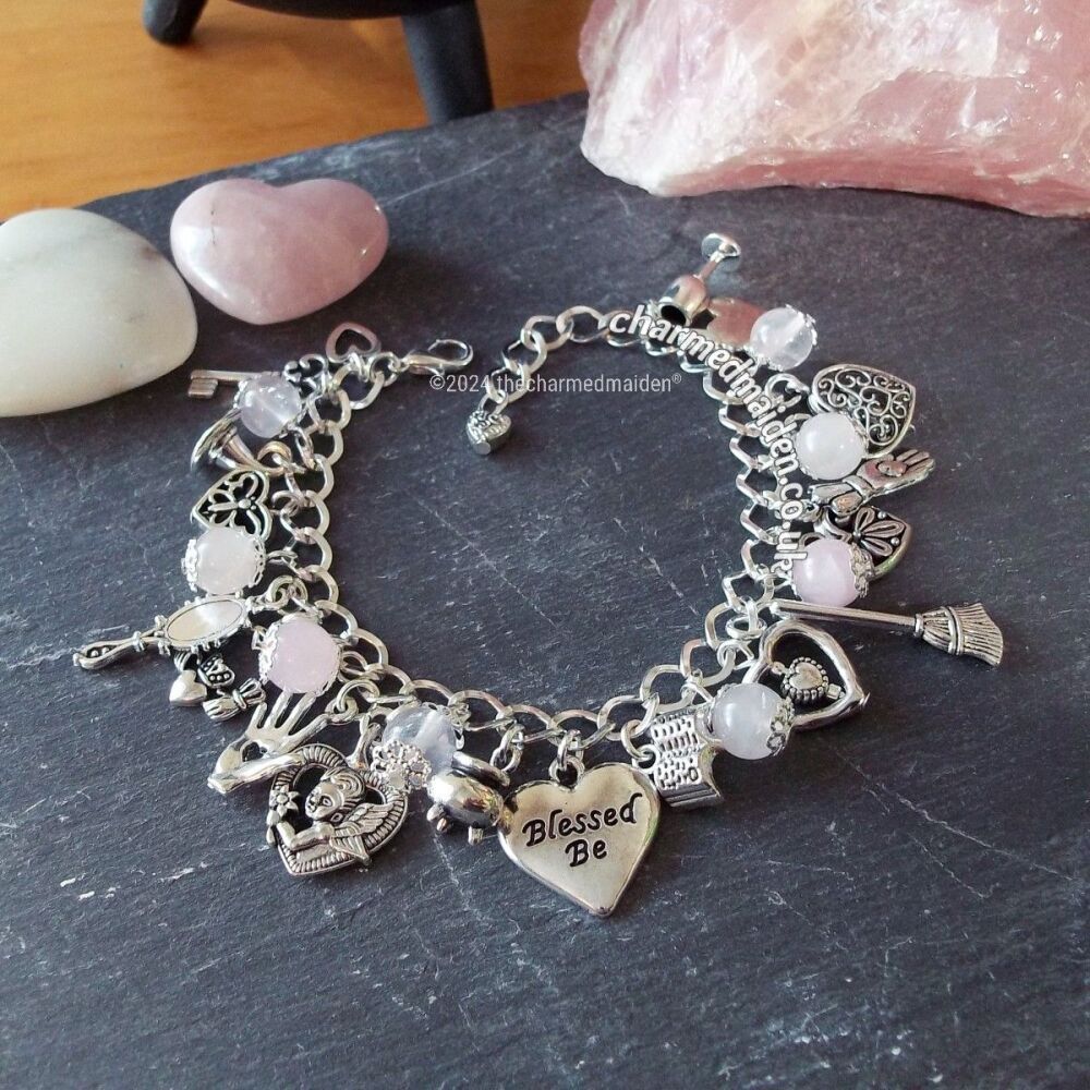 Rose Quartz Love Heart Witch Charm Bracelet