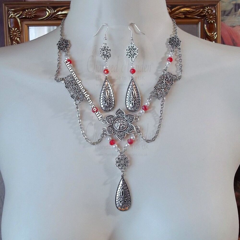 Renaissance Silver Flower & Pearl Wedding Necklace or Set, Various Colours