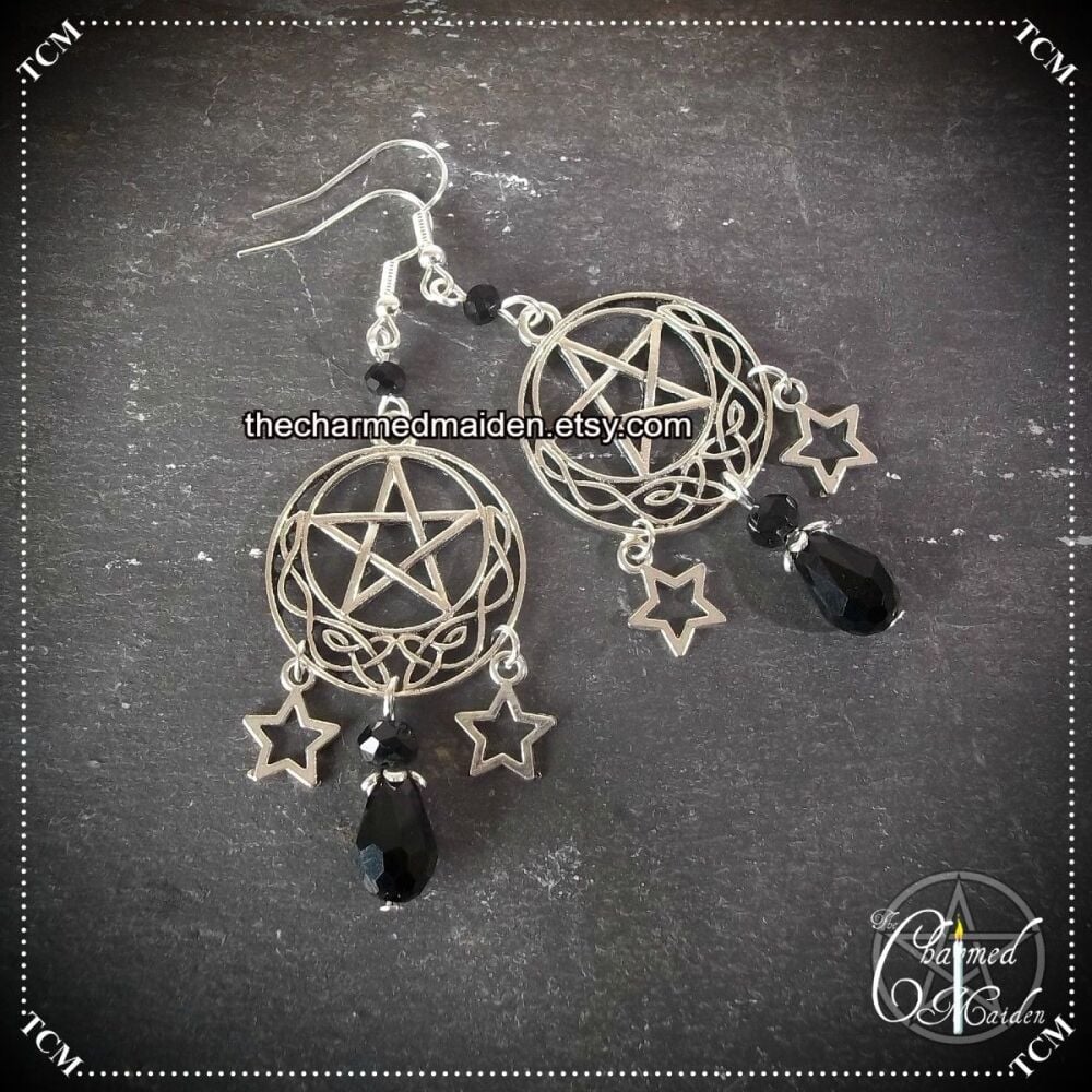 Celtic Pentagram Moon & Stars Earrings