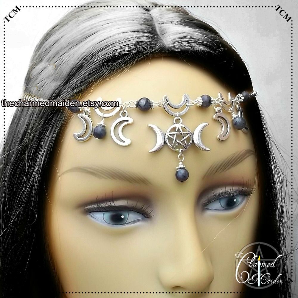 Triple Moon Wiccan Headpiece with Larvikite