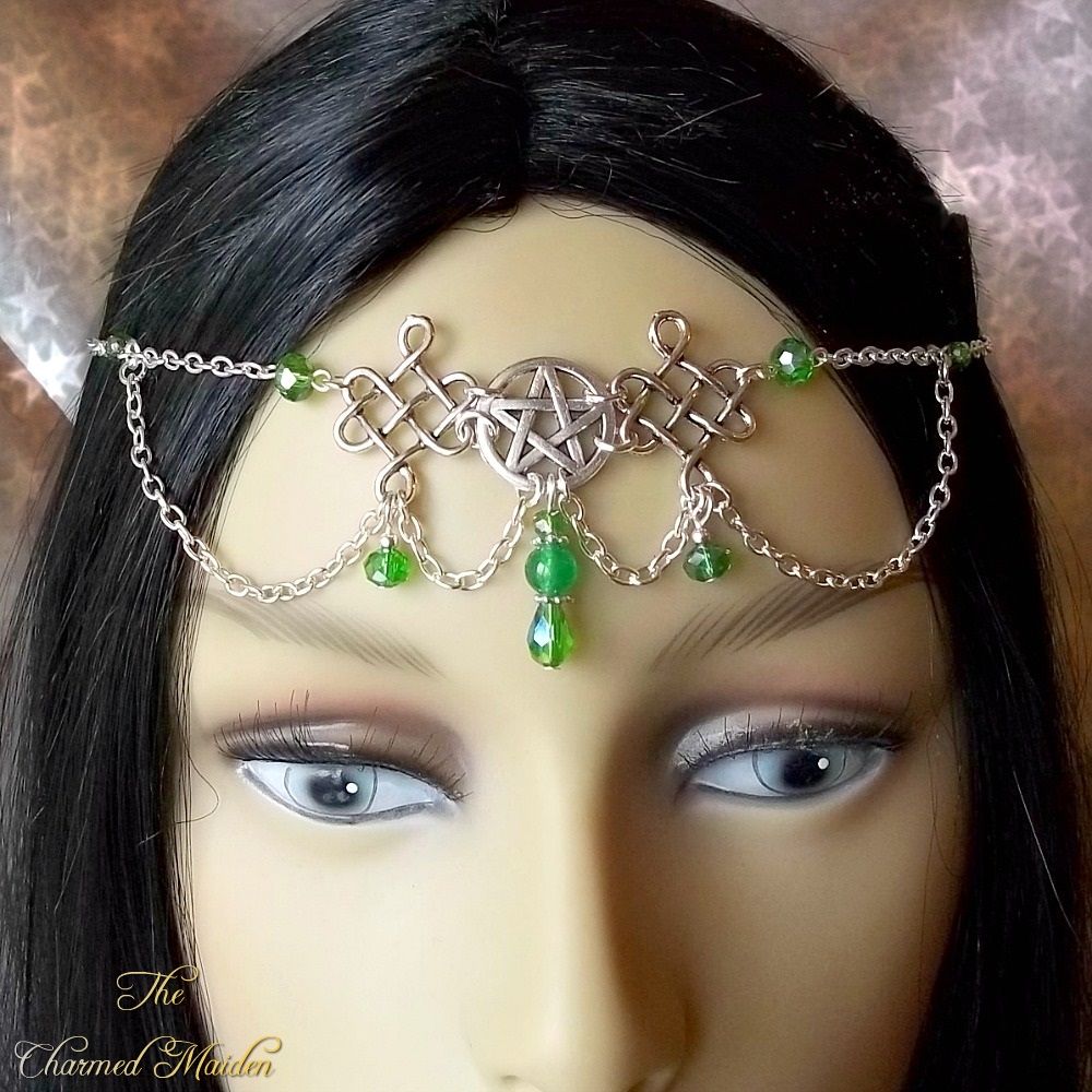 Pentagram & Celtic Knot Green Jade Circlet