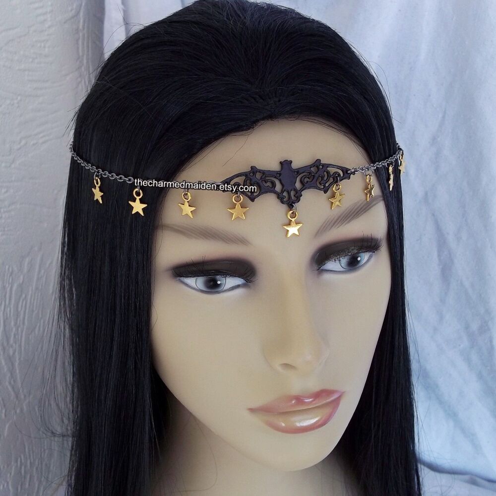 Black Bat Headdress with Gold or Silver Stars