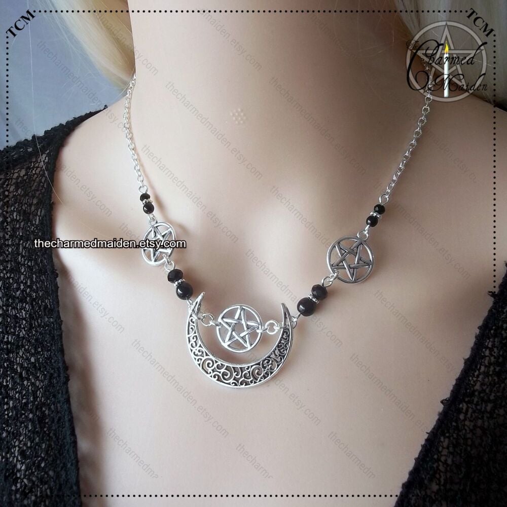 Witch Wicca Pentagram & Moon Necklace or Set