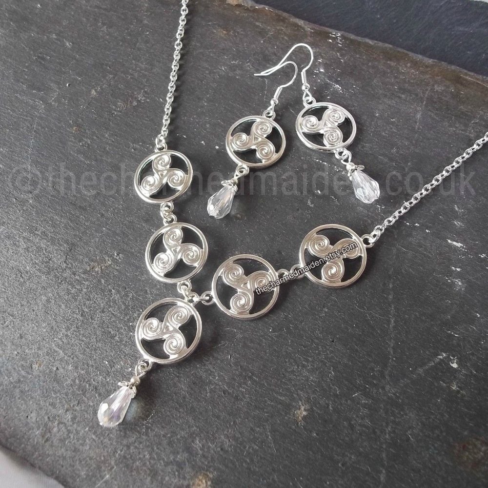 Celtic Triskele Silver Crystal Necklace & Earrings