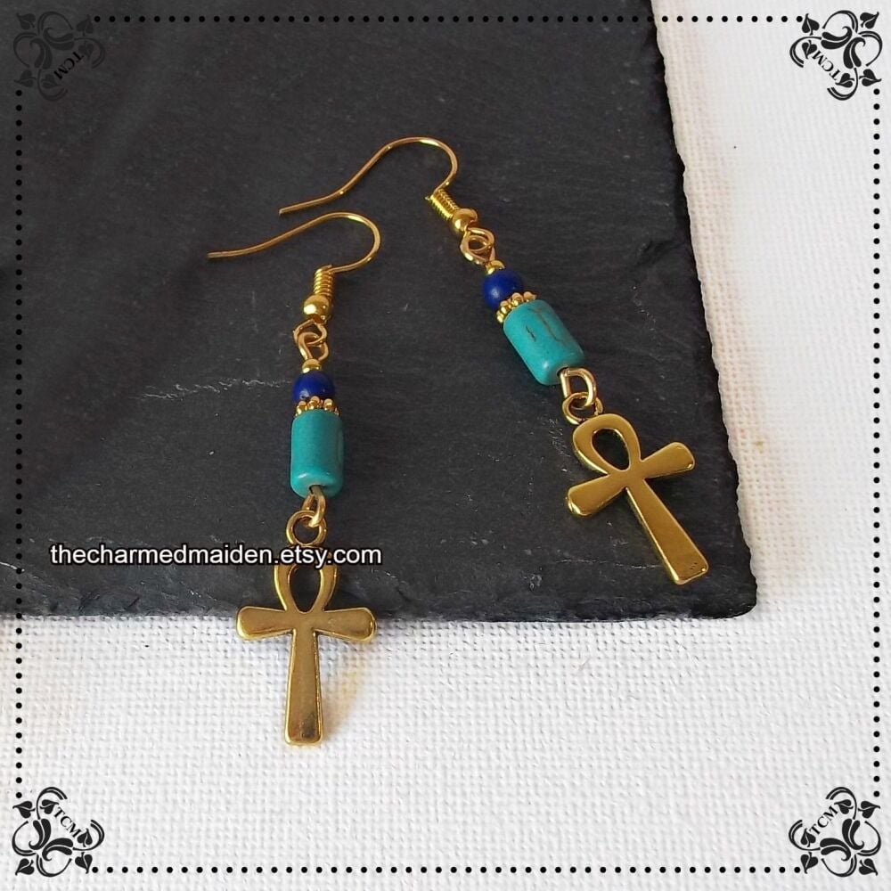 Ankh Earrings in Turquoise & Gold