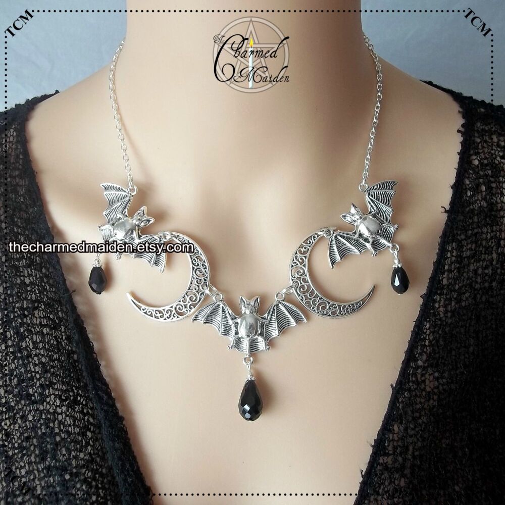 Triple Bat & Moons Necklace