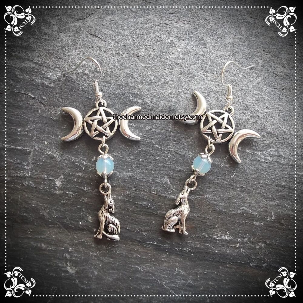 Triple Moon & Wolf Opalite Moonstone Earrings