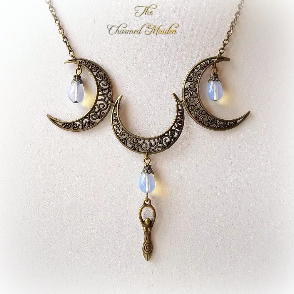 Triple Moon Goddess Opalite Pagan Wiccan Necklace in Bronze or Silver