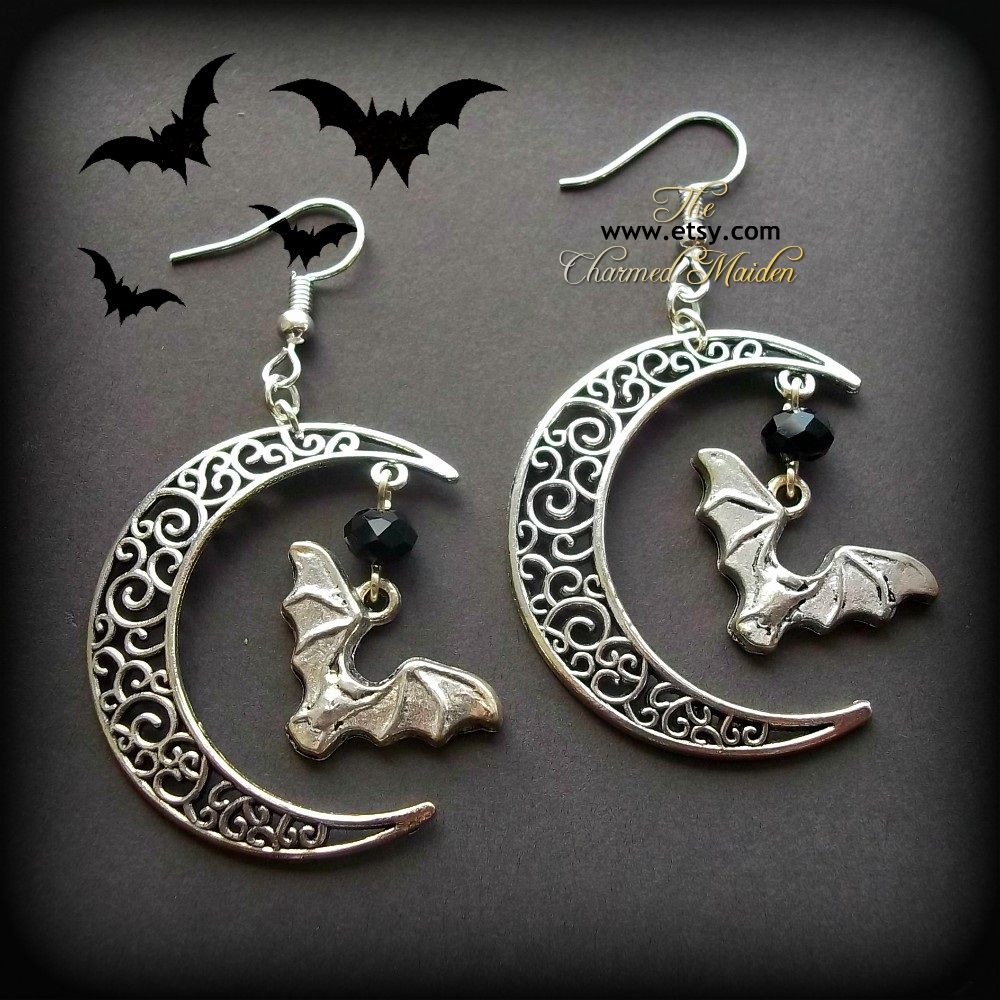 Witch Moon Halloween Bat Earrings