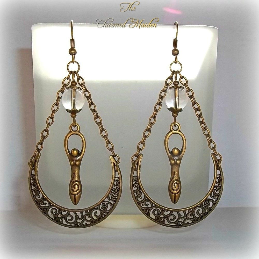 Crystal Quartz Bronze Moon Goddess Earrings